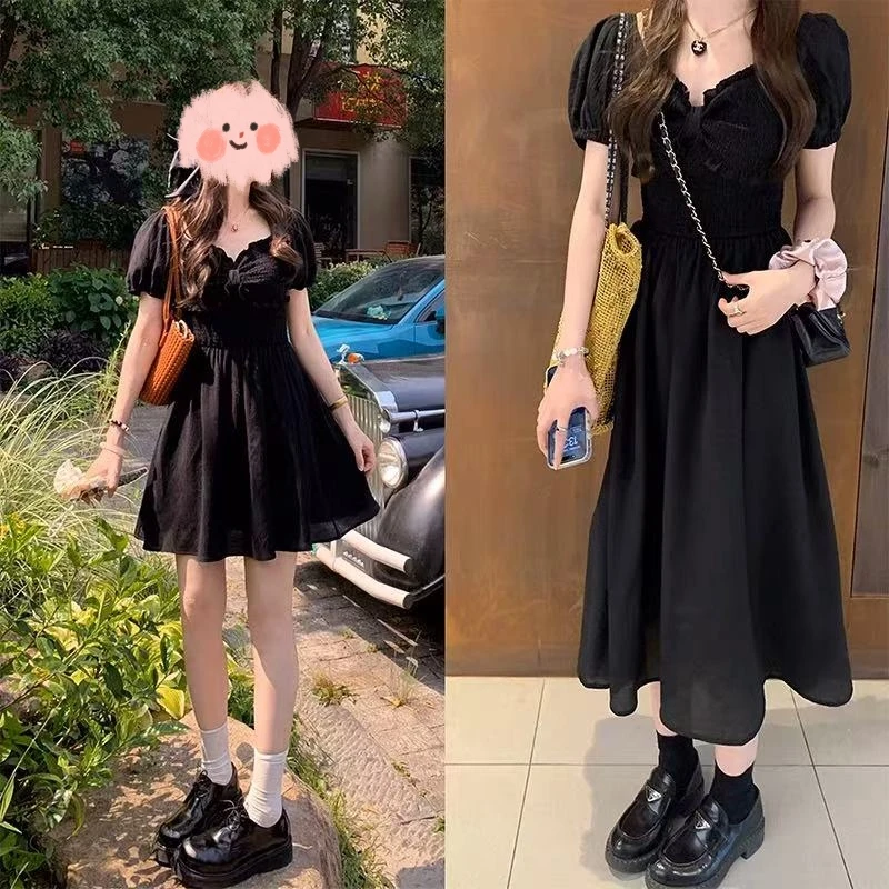 大码微胖显瘦连衣裙夏季小黑裙长裙短裙