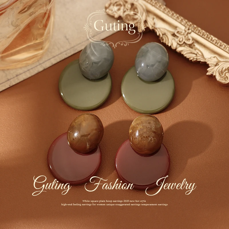 铜合金耳饰 22167复古几何撞色圆球圆盘耳钉女轻奢耳环精致耳饰