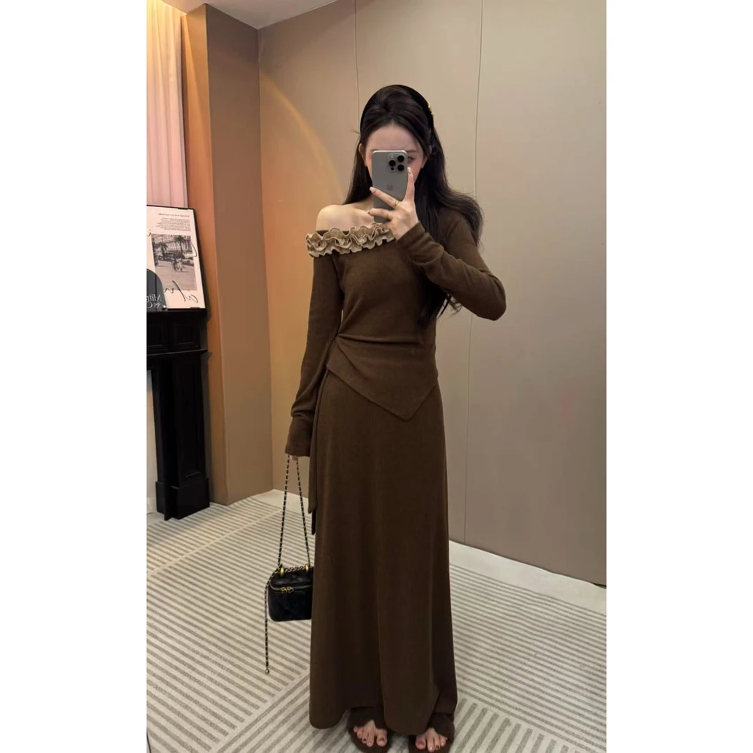 气质韩系时尚套装女秋季新款木耳花边拼接斜肩上衣+高腰半身裙潮