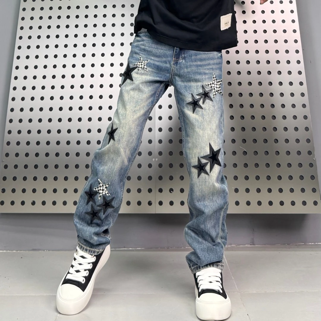 美式复古秋季长裤男士立体拼接牛仔裤百搭常规款贴布做旧直筒裤