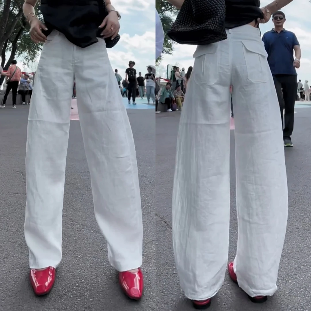 景倩妮白色舒适百搭弯刀休闲麻裤2025夏季薄款高腰显瘦窄版阔腿裤