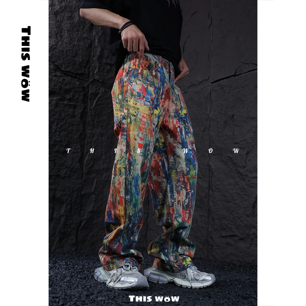 THIS WOW艺术彩色印花图案AC同款直筒宽松牛仔裤美式高街裤子小众