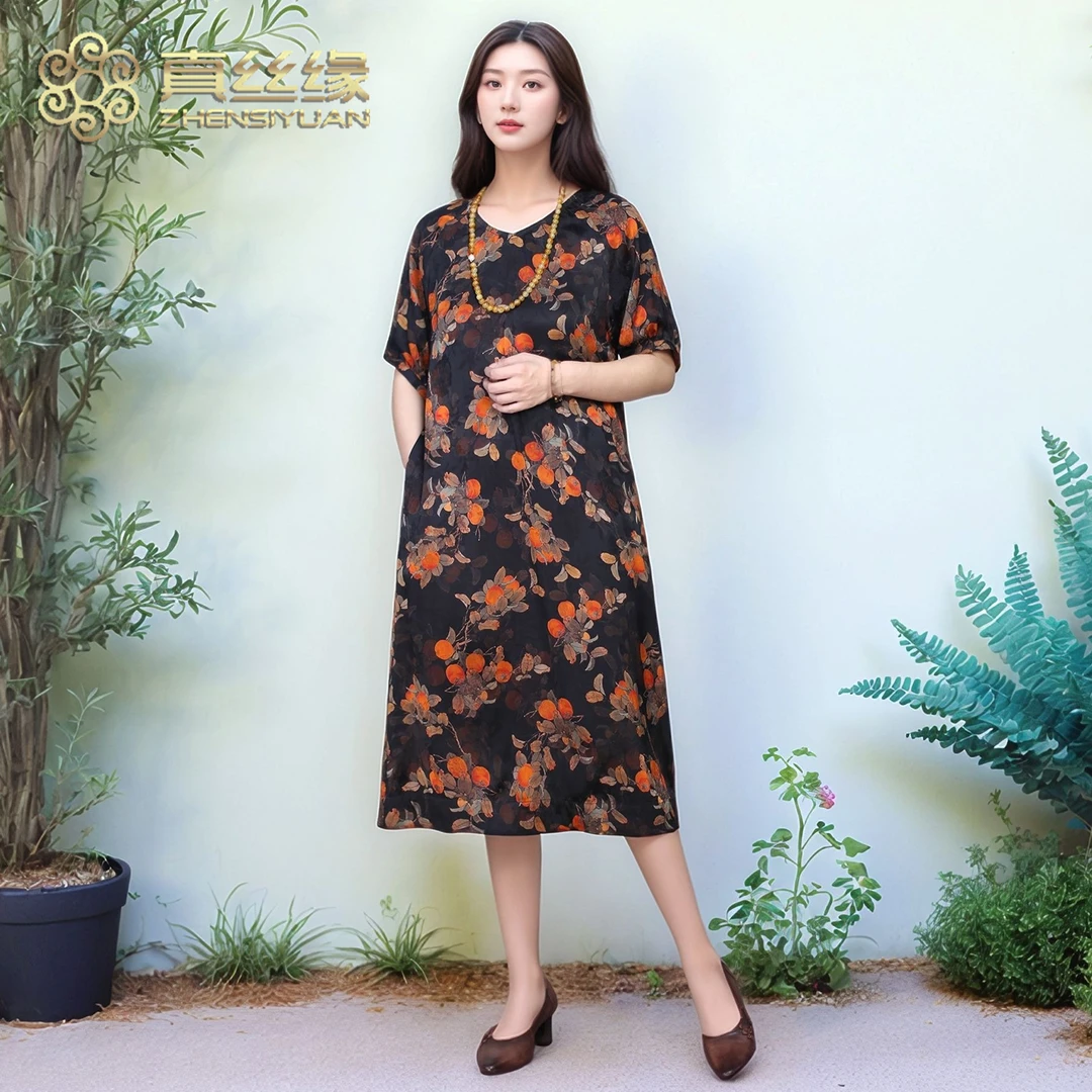 真丝缘花萝香云纱连衣裙女桑蚕丝新中式国风短袖大码宽松显瘦裙子