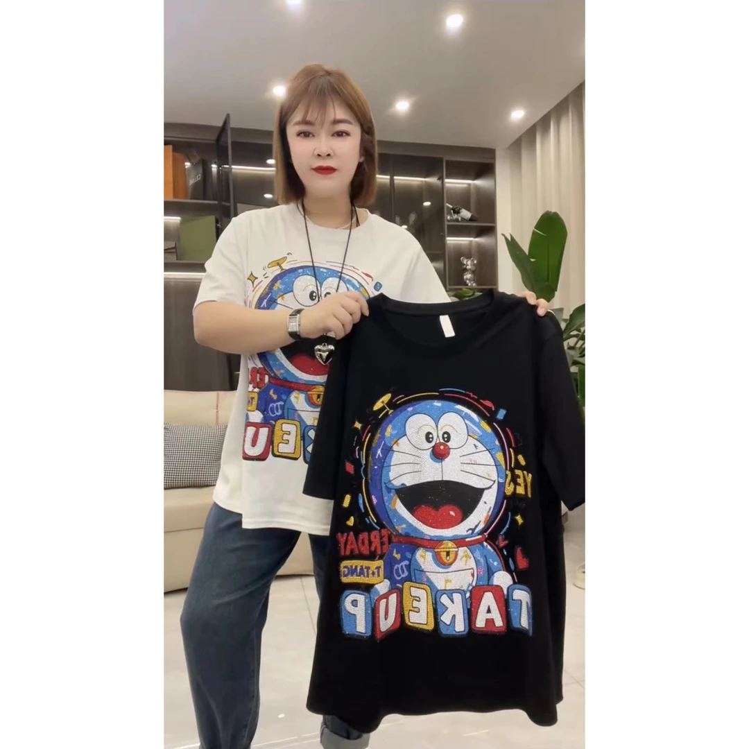 欧版烫钻宽松蓝胖子潮流半袖显瘦洋气T恤