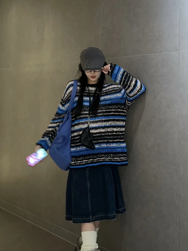 SHORT25春夏新款花式纱撞色镂空针织上衣