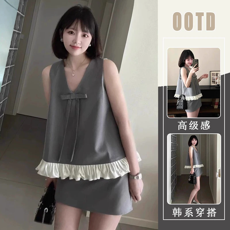 夏日多巴胺穿搭套装大码胖mm小香风蝴蝶结拼接上衣短裙减龄一整套