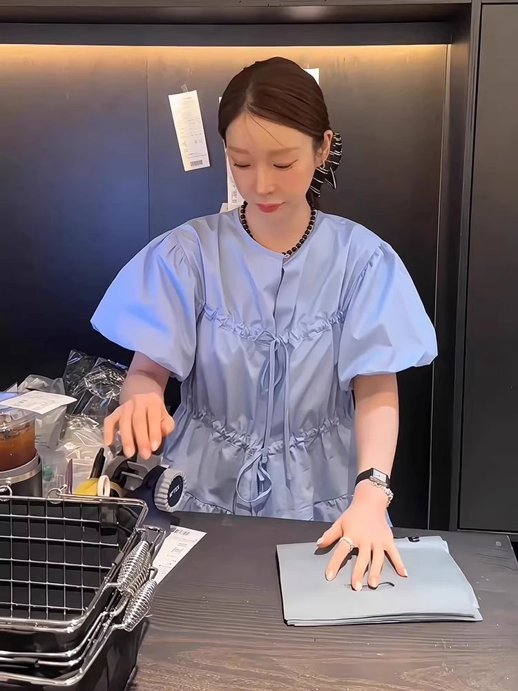 泡菜 earlobe欧尼同款抽绳系带泡泡袖衬衫女2025新款