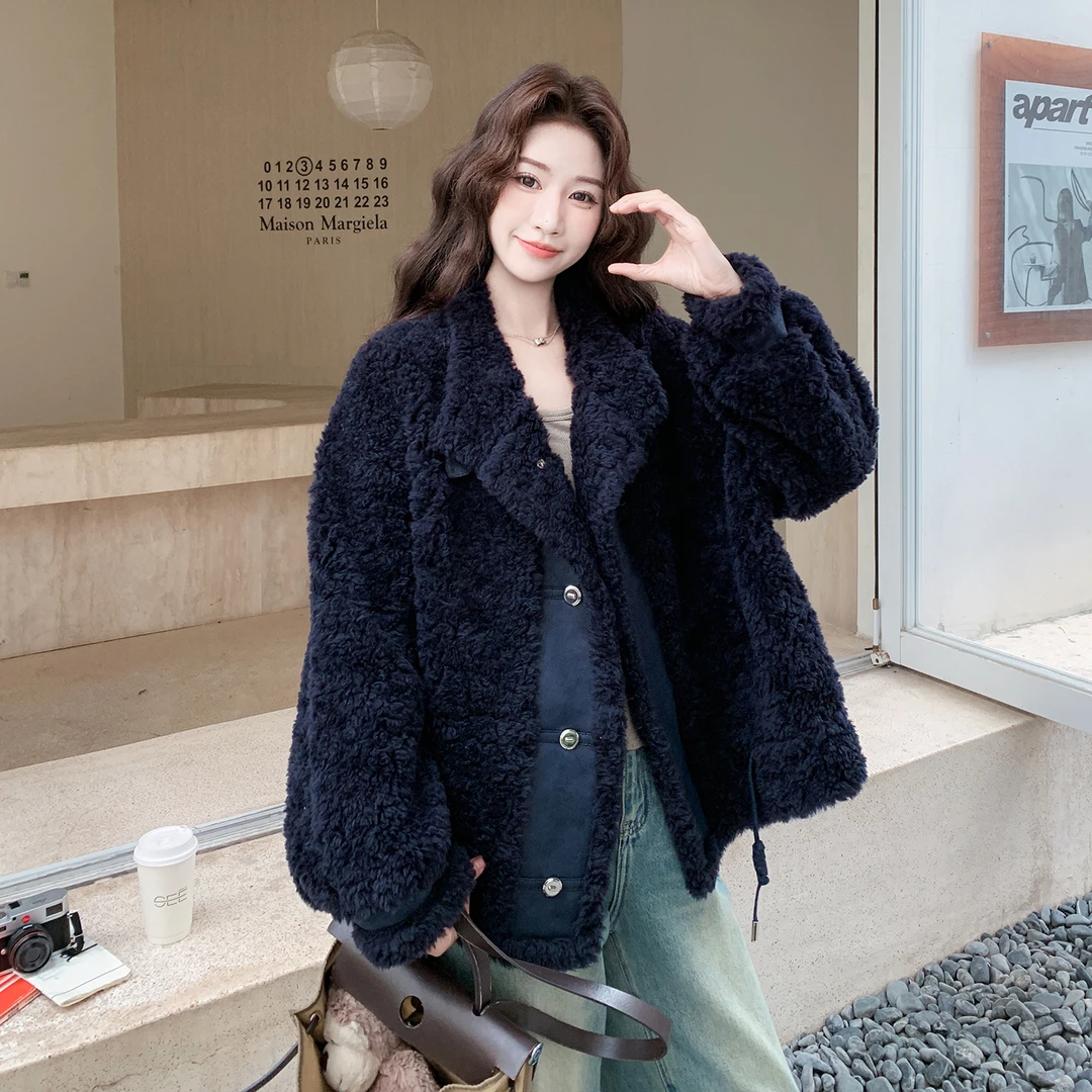 藏青色皮毛一体羊羔毛外套2025冬季新款小个子韩系氛围感加绒棉袄