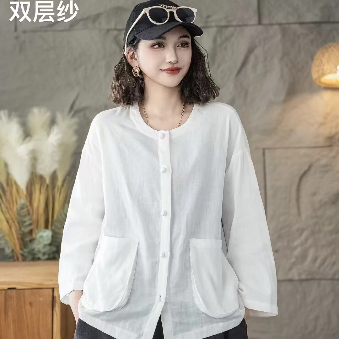 【铃铃】春款炒色双纱棉麻宽松大版盘口双兜开衫上衣胸围138衣长60