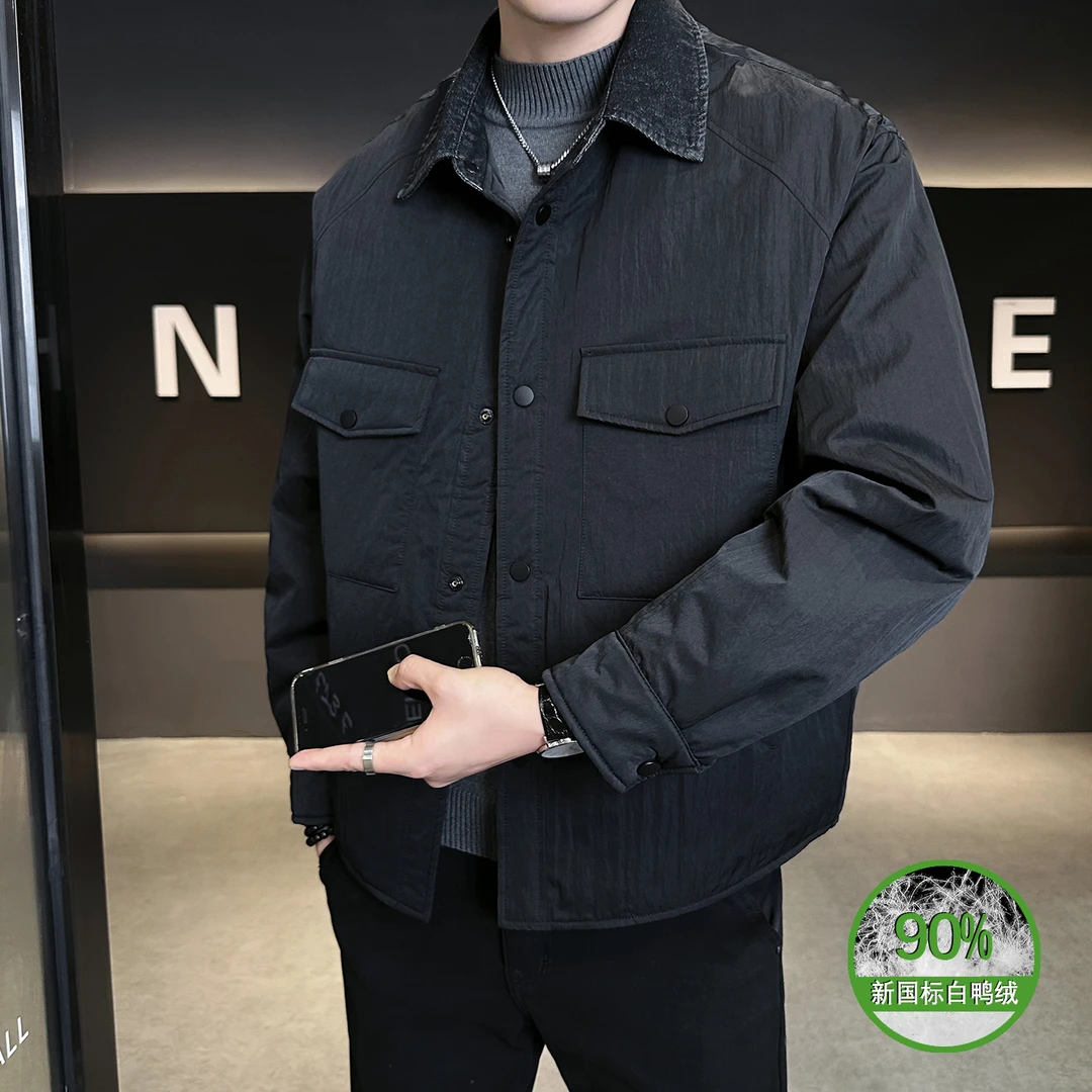 牛仔方领羽绒服男衬衫式冬季外套潮牌2025年新款休闲帅气男装外套