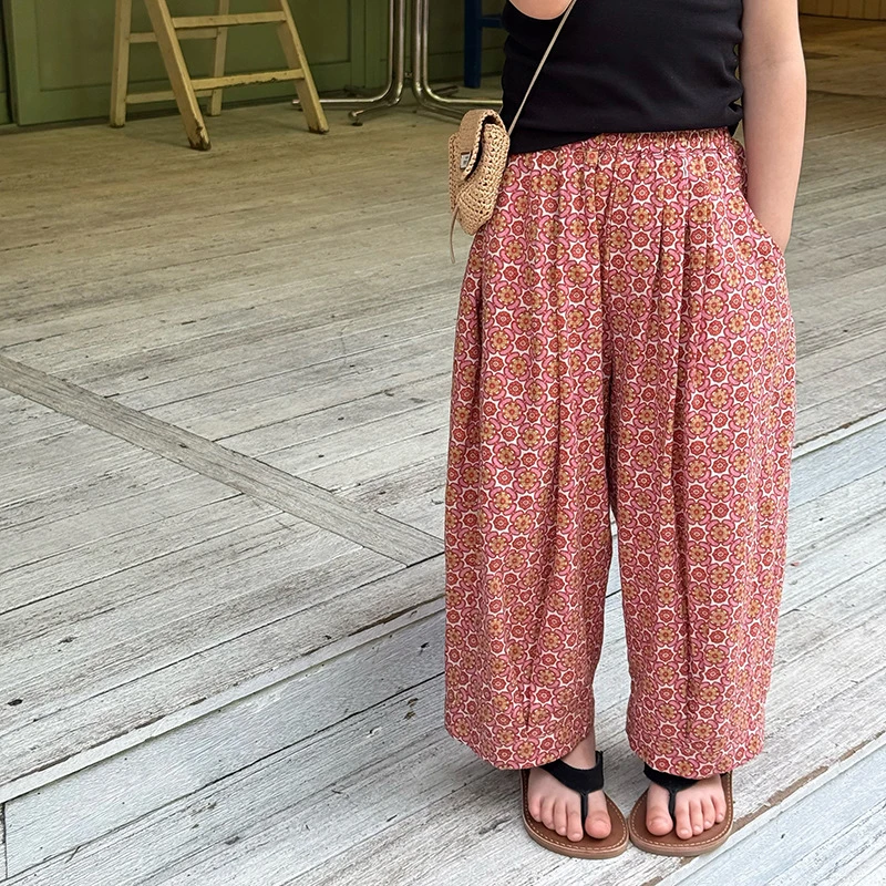 【现货已开价】女童宽松长裤子儿童轻薄柔软竹节棉碎花防蚊裤25C153