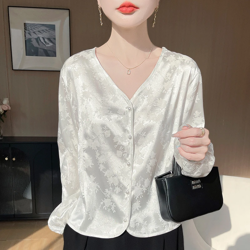 开衫外套通勤常规提花V领夏季绣花复古设计感百搭衬衫醋酸缎面女