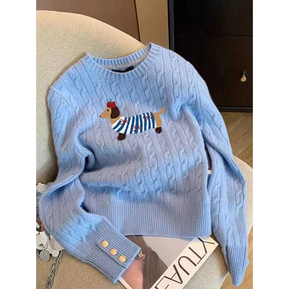 十三行女装！蓝色卡通麻花针织毛衣女秋冬慵懒风休闲百搭圆领上衣