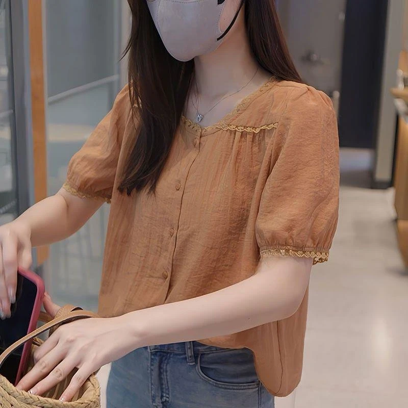 夏季圆领短袖新款衬衫女士小衫宽松显瘦时尚遮肚子开衫拼接上衣女