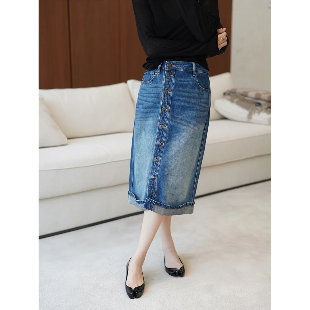 SHIIEELL 夏季时尚舒适透气设计感棉质排扣直筒半身牛仔裙女W8003
