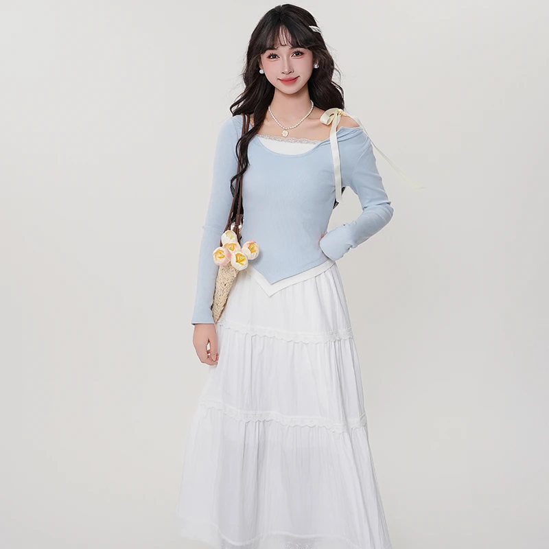 【大易粉丝专属】23576法式不规则假两件上衣高腰半身裙两件套装