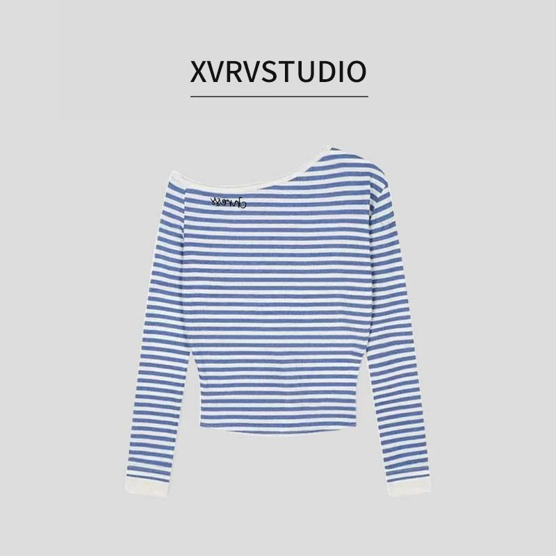 XVRV秋季斜肩长袖T恤蓝色条纹拼色女秋季纯欲性感修身露肩上衣