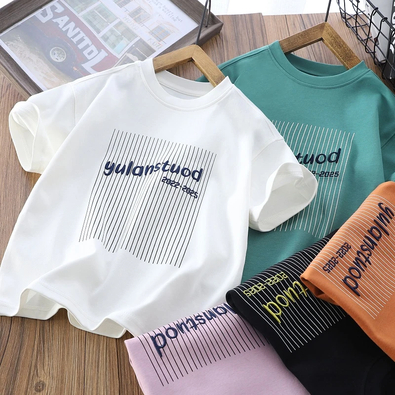 男童夏季圆领短袖T恤2025新款中大童字母洋气t上衣儿童半袖体恤衫