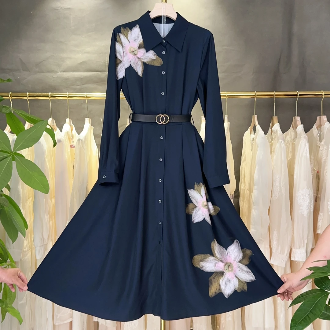 【RG5117】显瘦气质蓝色时尚复古收腰设计师优雅长袖轻奢百搭连衣裙