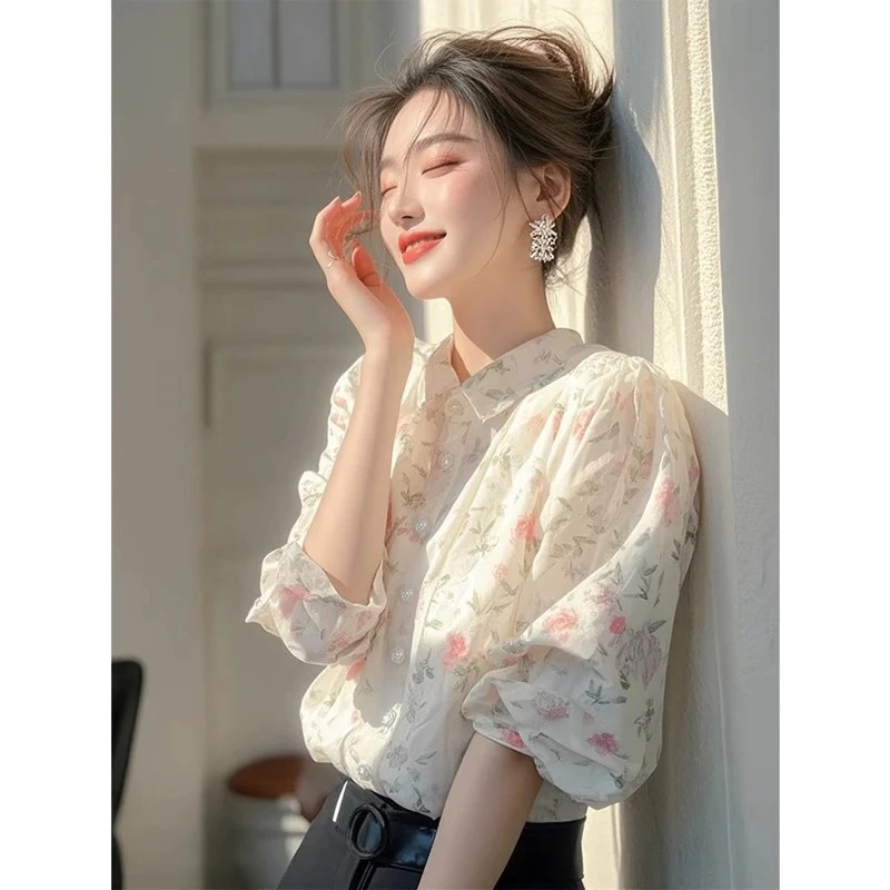 2025春季新款白色印花衬衫轻奢高级感超好看独特漂亮法式长袖上衣