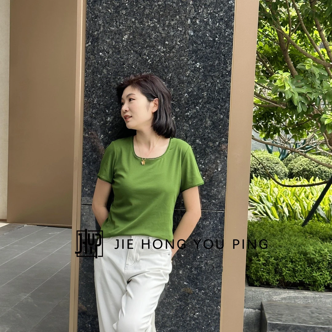 2025夏季新款简约风U领花边T恤女装纯色百搭简约冰凉上衣25316