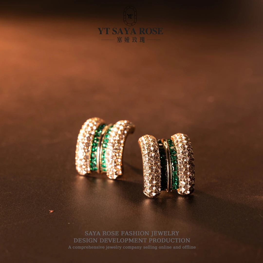 铜合金合成锆石耳饰 SayaRose合金【兰洛花】百搭重工法式耳钉款