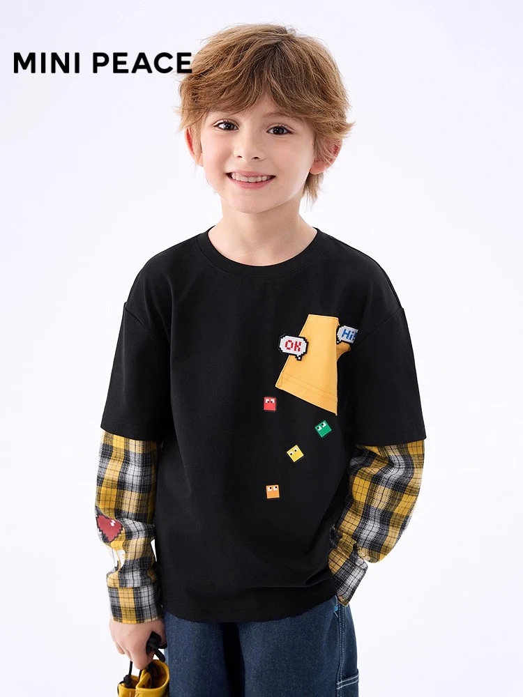 男童假两件T恤春秋款2025新款秋装中大童儿童格子拼接衬衫袖上衣