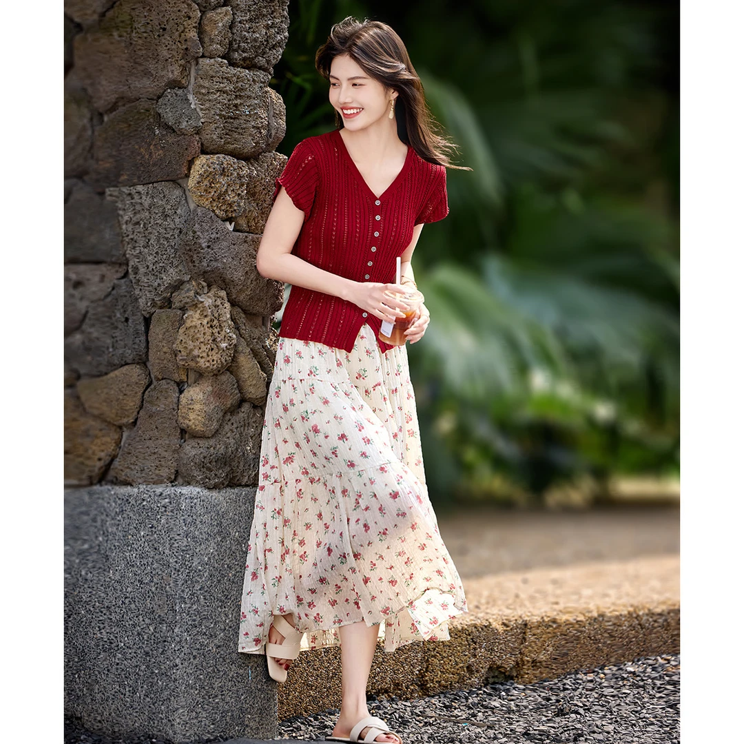 【邻家文艺感清新碎花裙套装】25年夏新松弛针织开衫半裙两件套