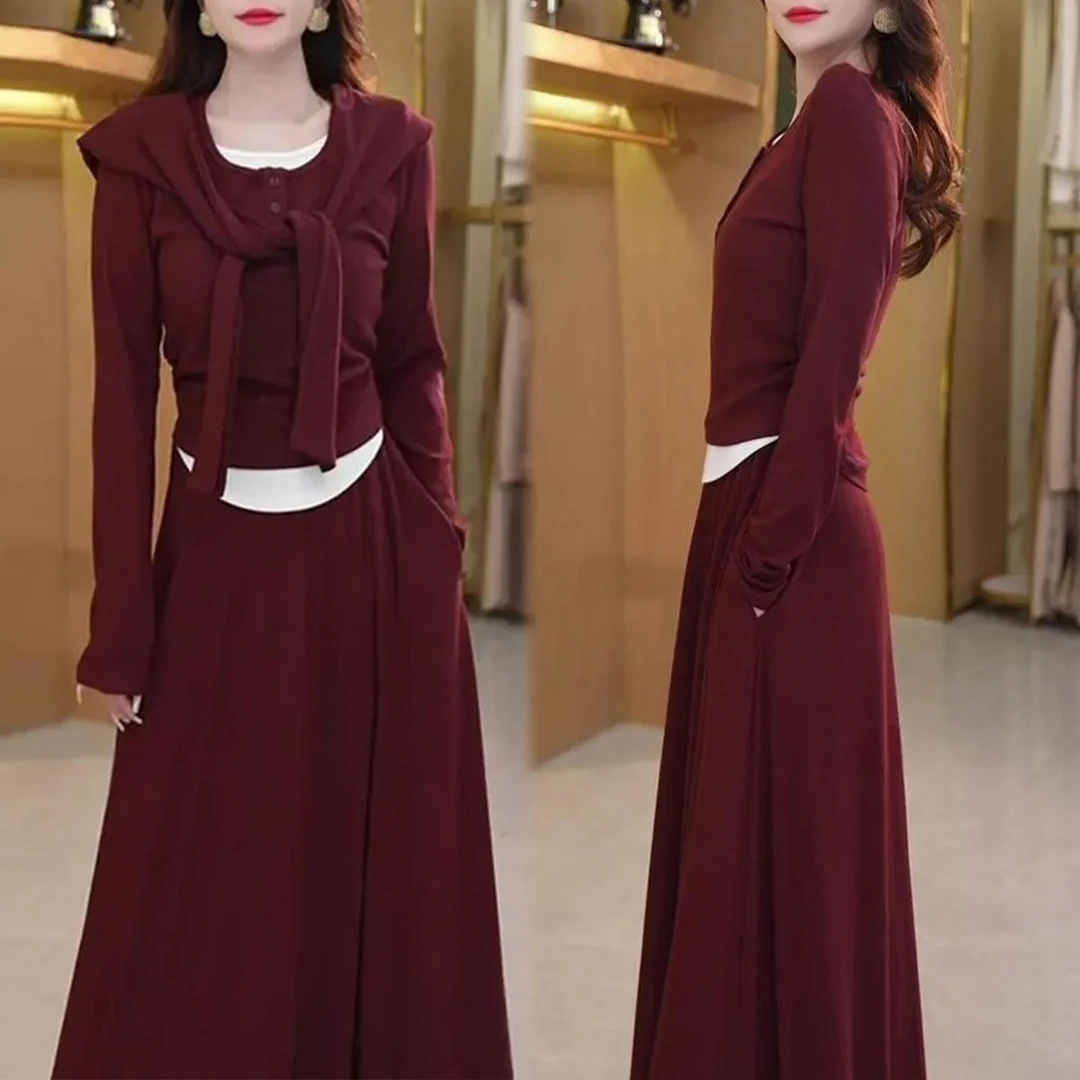 2025秋季新款时尚套装裙气质显瘦假两件长袖上衣披肩半身裙三件套