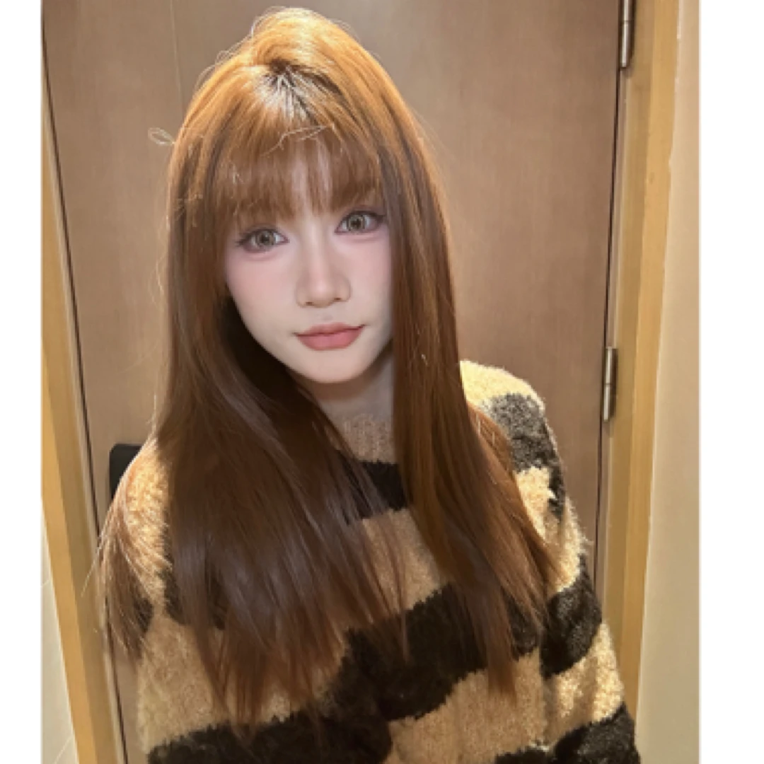 小U专属《甜甜奶黄包》巧克力自然棕高层次刘海直发大面积蕾丝假发