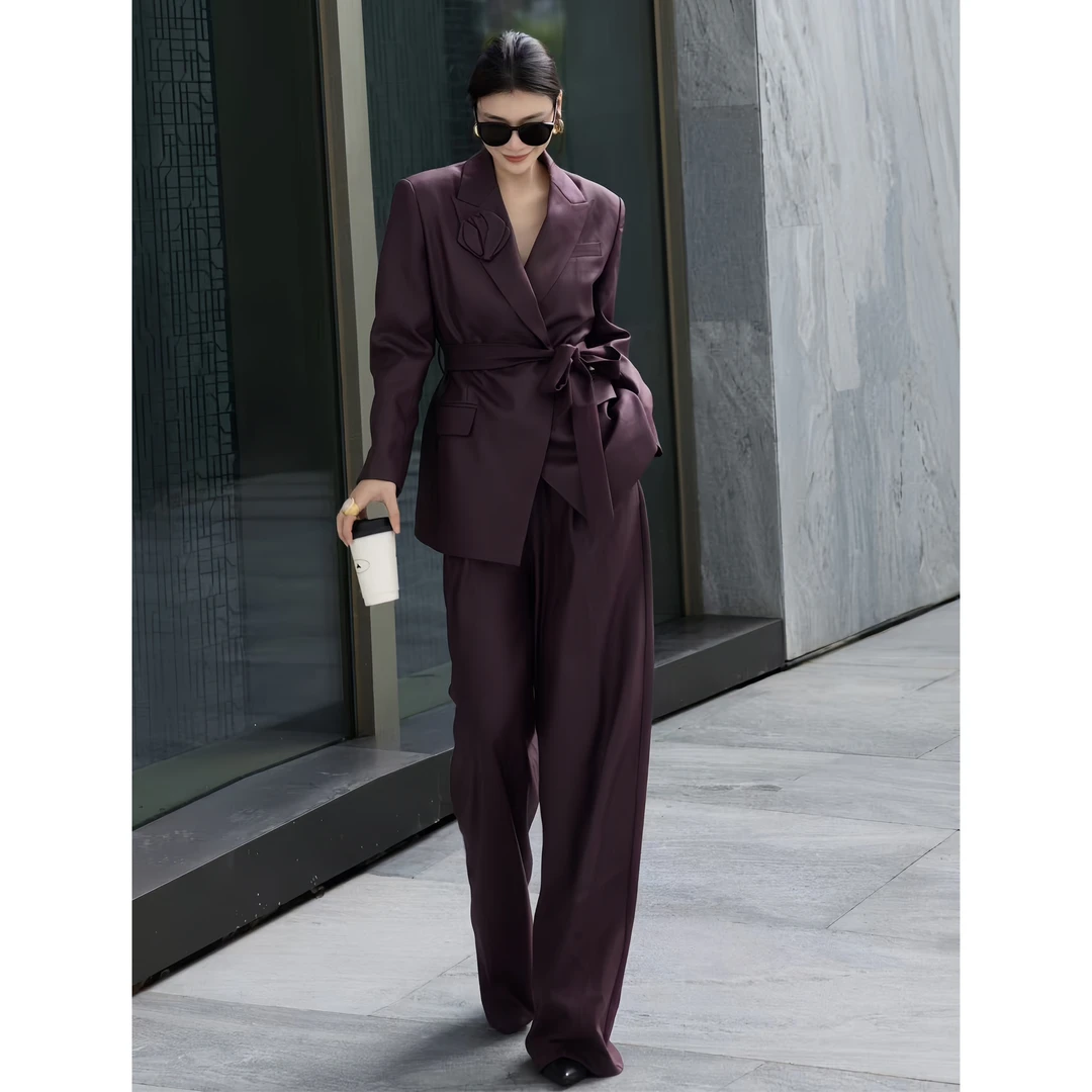 高级感纯色简约气质通勤职业正式高冷女神胸花腰带西装套装