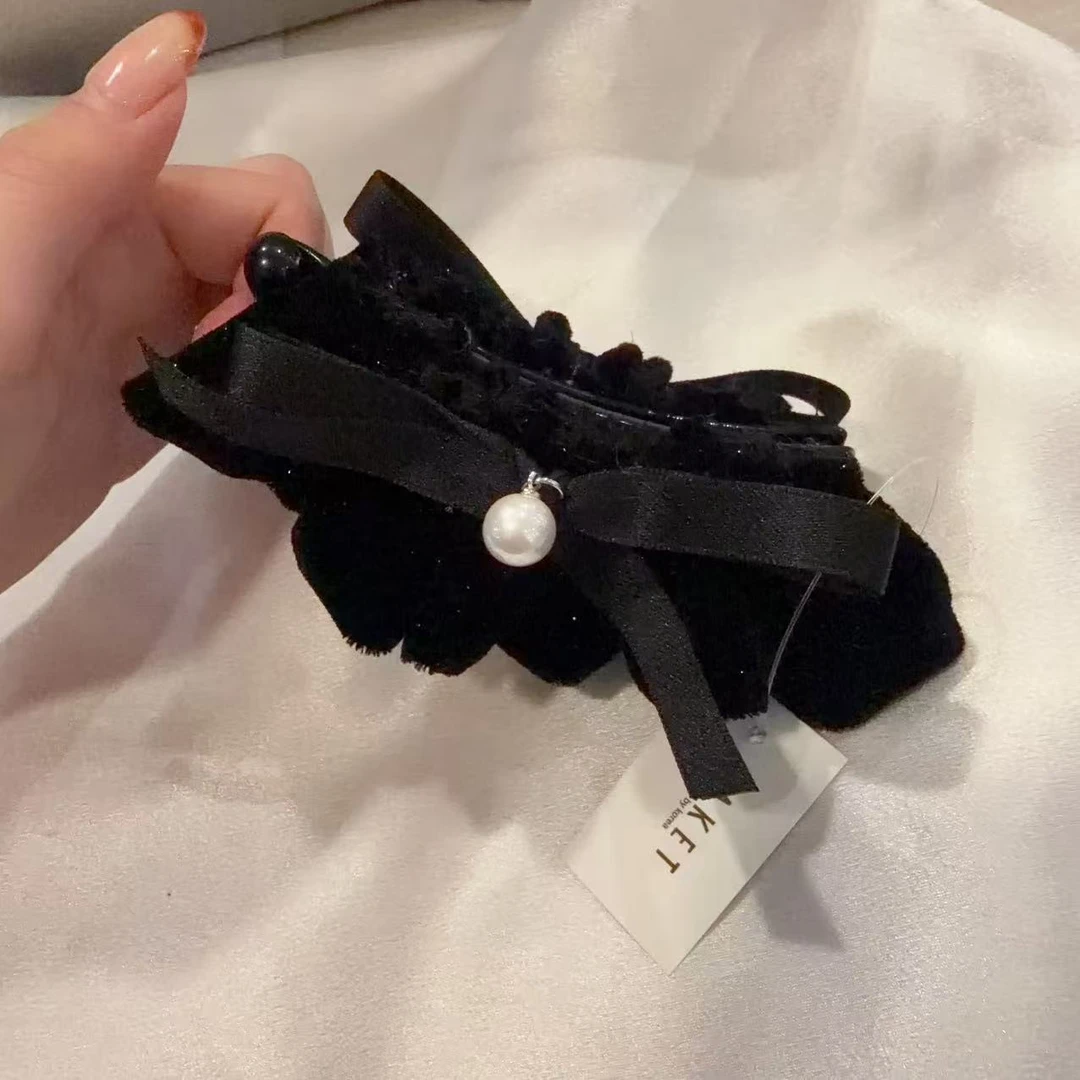 韩国 气质 小众 ins 手工 丝绒 丝带珠珠香蕉夹Q226