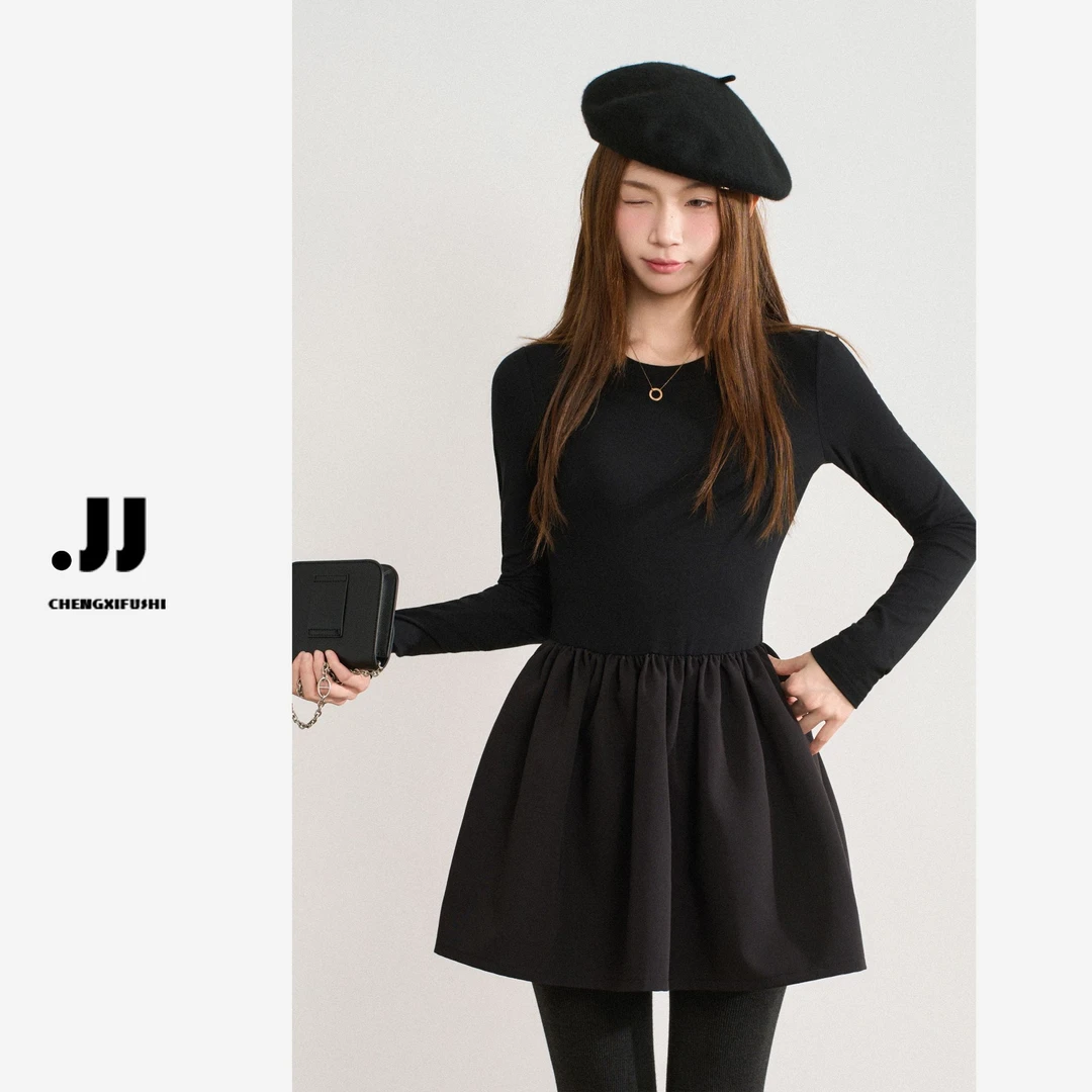 H2020【嗨，可可小姐】纯欲收腰显瘦小黑裙高级气质长袖蓬蓬连衣裙