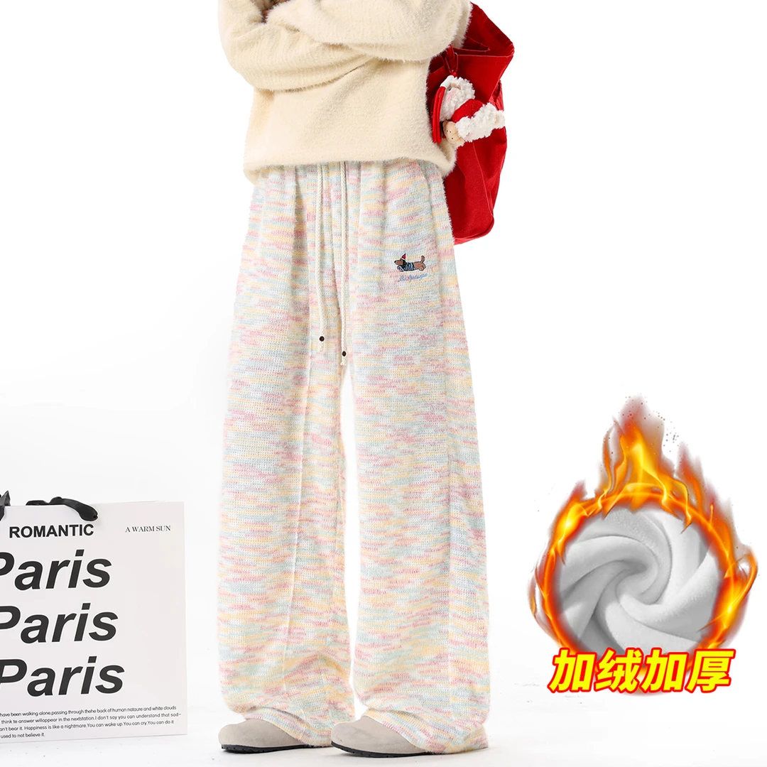 腊肠狗刺绣加绒加厚糯米裤男女秋冬潮牌宽松直筒慵懒阔腿休闲裤子