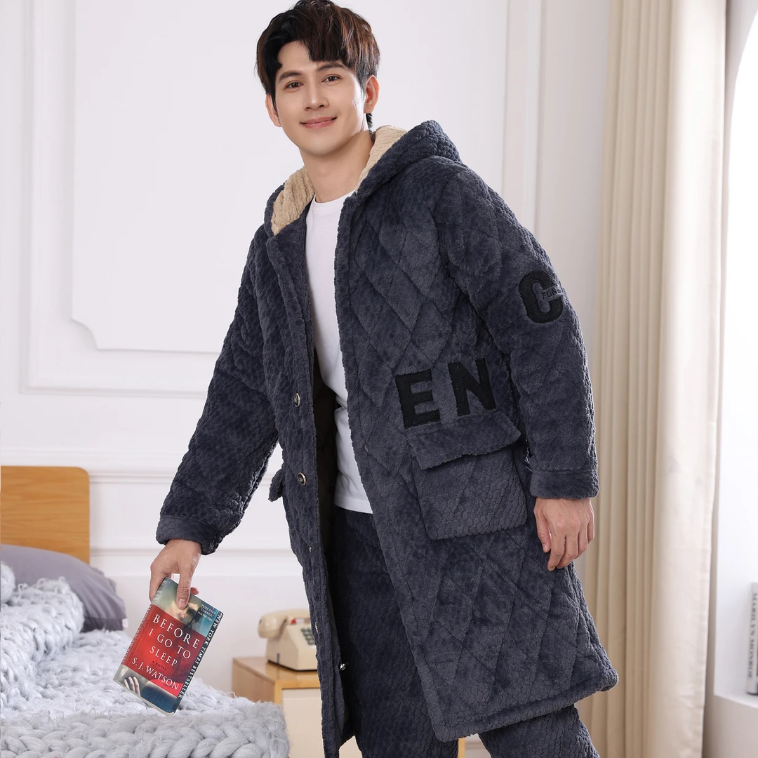 【018长袍特厚款冬季加肥加大睡衣】男士冬季加绒夹棉套装可外穿
