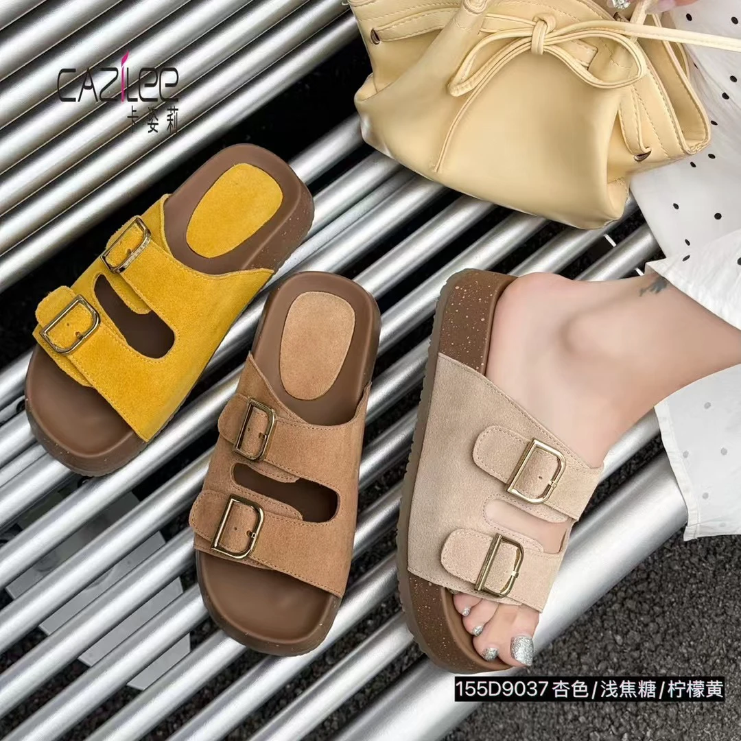 夏季耐磨增高磨砂松糕跟一字拖防滑休闲百搭凉拖鞋外穿杏色