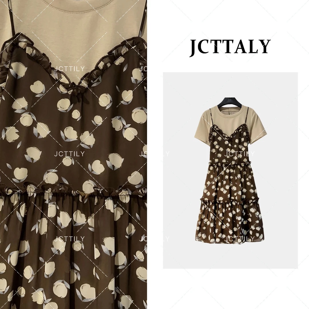 【宠粉价】碎花荷叶边假两拼接吊带微胖显瘦短袖连衣裙JC-A2911