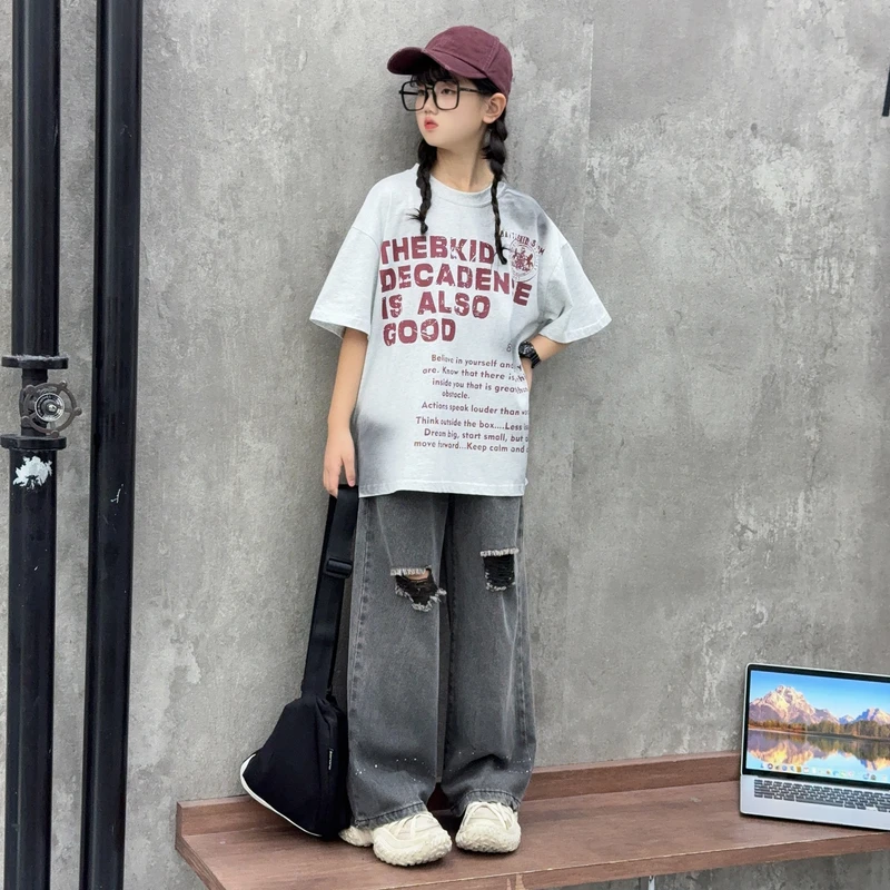 女童套装夏季新款时尚潮酷字母韩系T恤喷墨破洞牛仔裤两件套