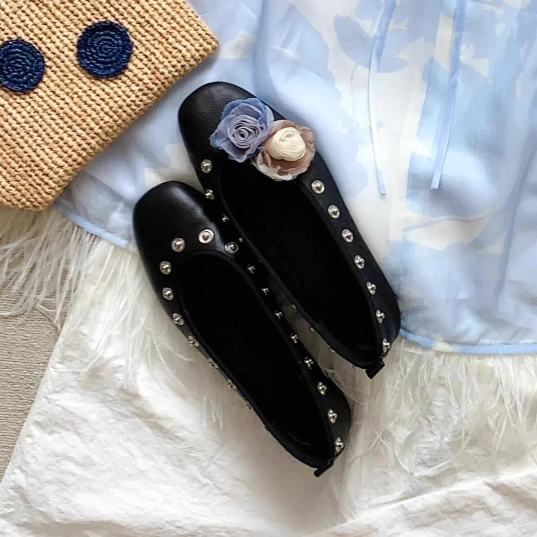 「TCZE版」夏季新款百搭圆头平底浅口单鞋女韩版花朵玛丽珍鞋女潮