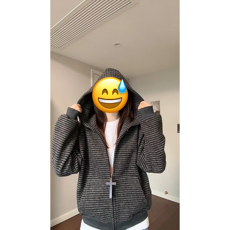 cleanfit韩系条纹拉链开衫连帽卫衣外套男秋季美式慵懒感上衣