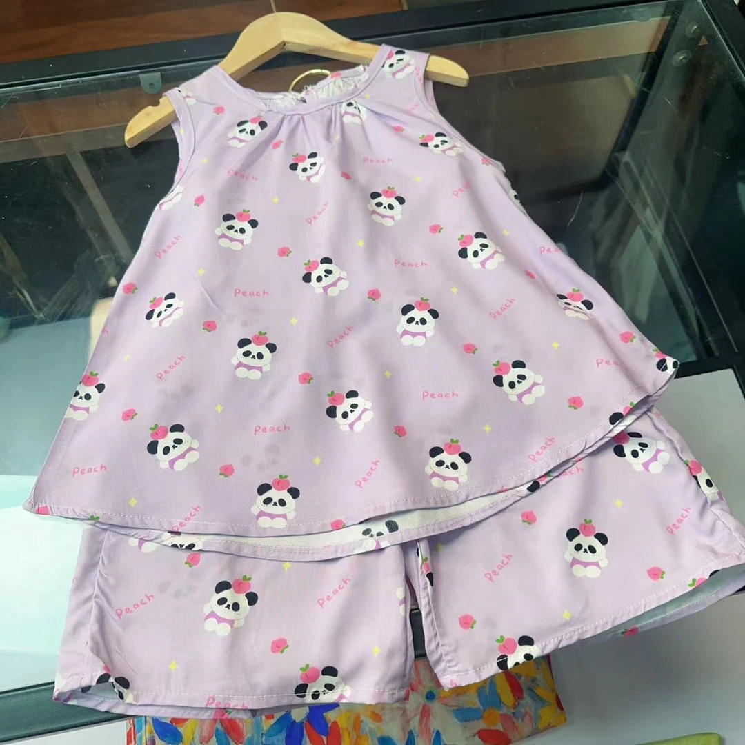 紫色小熊猫短裤棉绸潮童过膝五分短裤裤套装女童家居服外穿套装
