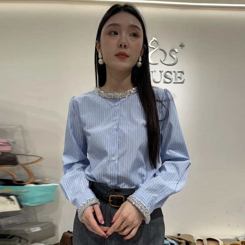 高端镶钻名媛衬衫2025春天新品竖条纹免熨烫有档次上衣洋气
