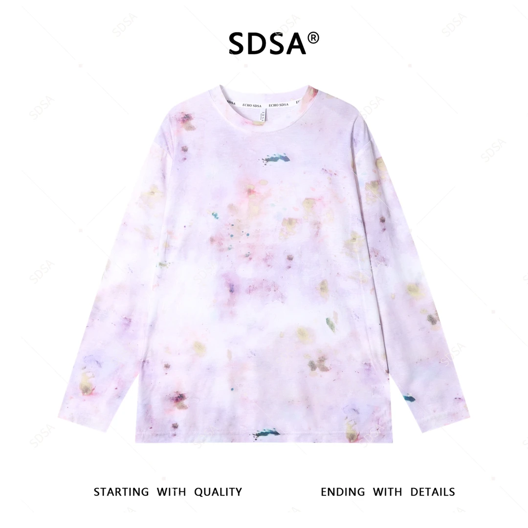 SDSA夏季新款男士痞帅简约扎染渐变圆领长袖T恤小众设计百搭上衣