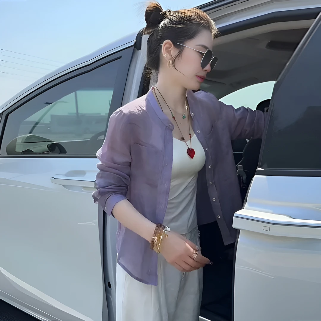 韩版高级感圆领长袖防晒衬衫女2025夏季新款休闲时尚减龄衬衫外套