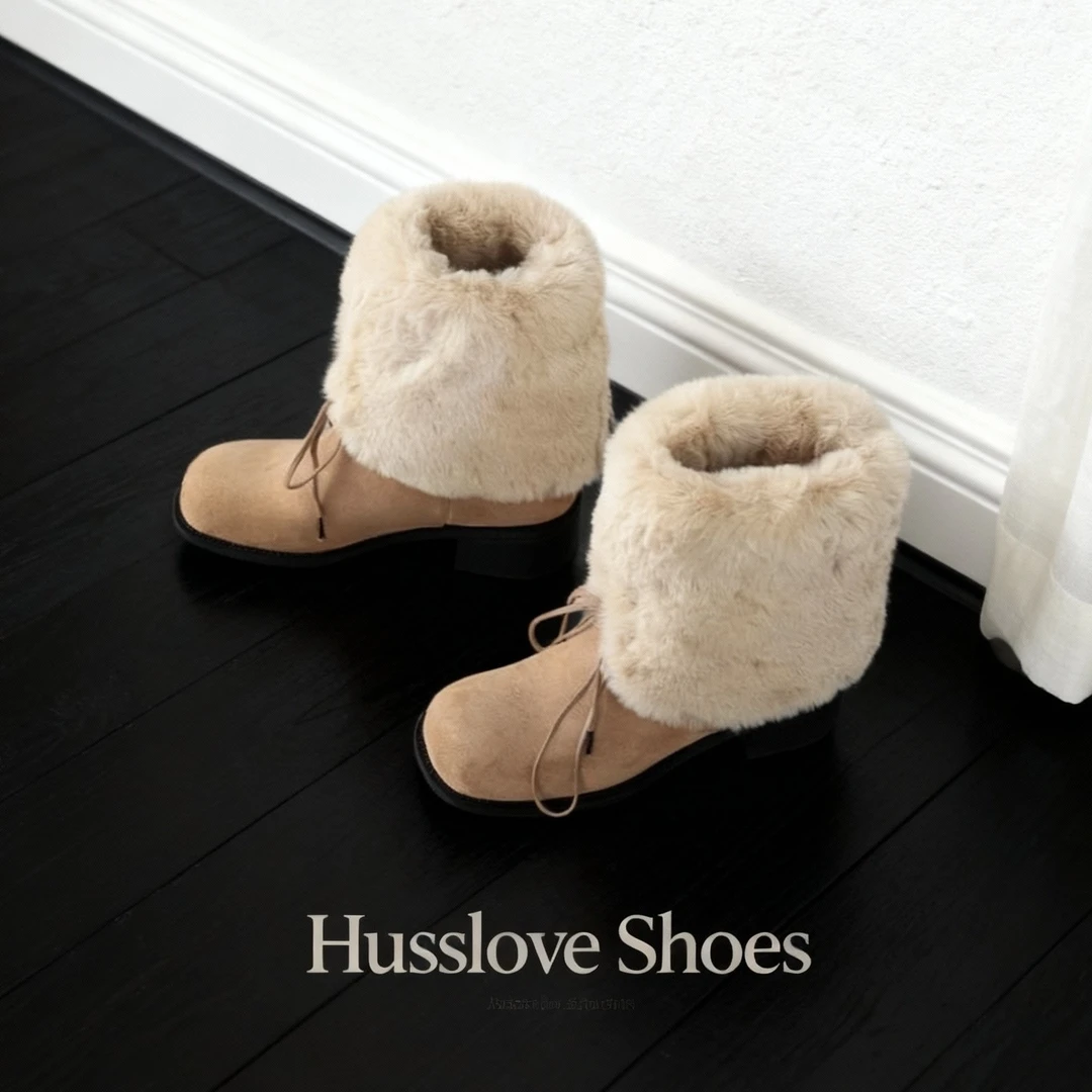 HUSSLOVE 麂皮·跟高4.5CM·新款时尚韩范两穿加厚粗跟毛毛雪地靴