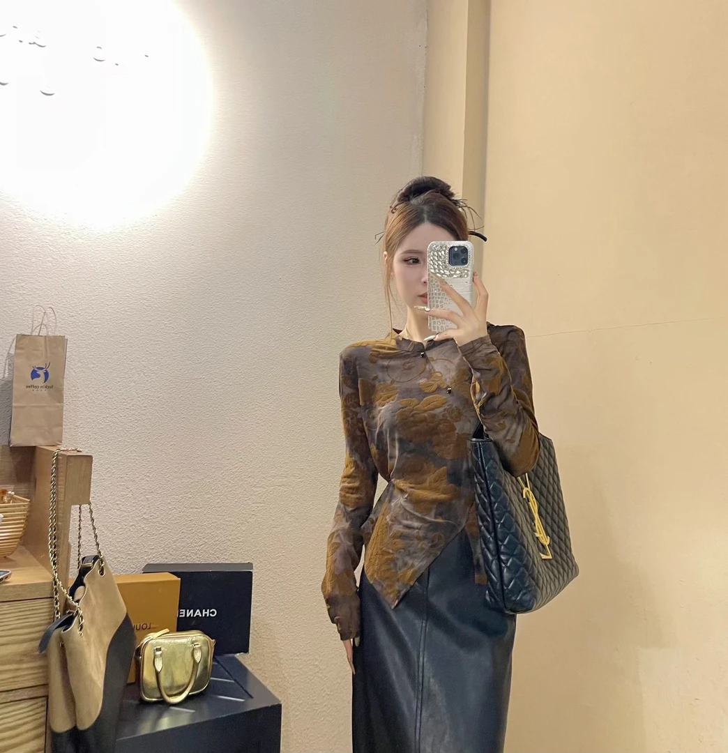 欧货秋季新款植绒提花打底T恤高级感洋气百搭气质轻奢复古时尚