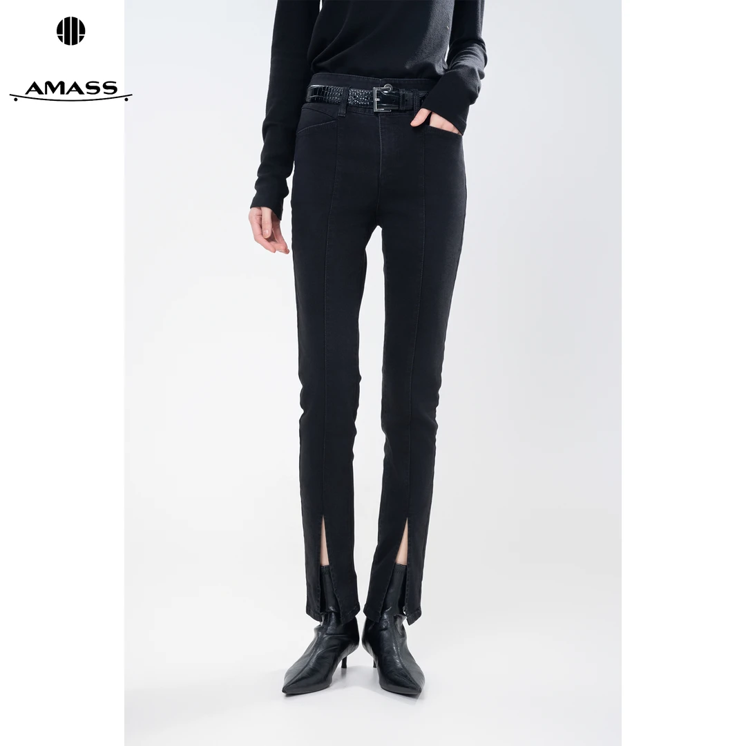 AMASS/阿玛施时尚高腰修身显瘦紧身两粒扣剪刀牛仔长裤女 5100378