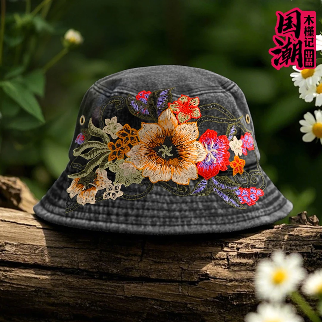 春秋季民族风刺绣花复古牛仔布盆帽子女显脸小渔夫帽防晒遮阳休闲