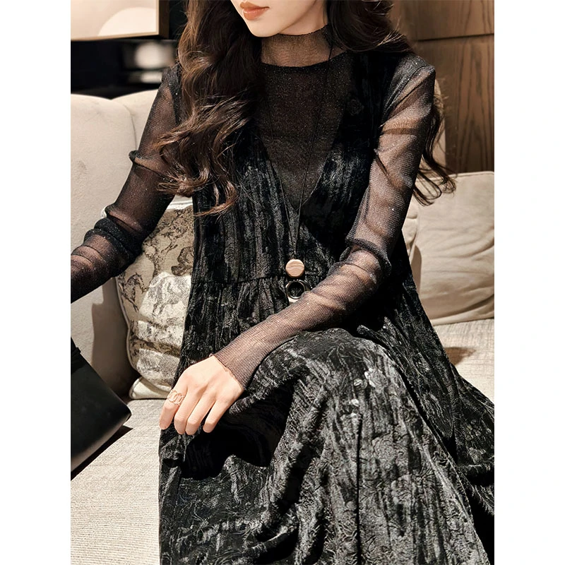 美洋MEIYANG绒丝花丝绒连衣裙玫瑰剪花宽松百搭V领无袖背心长裙