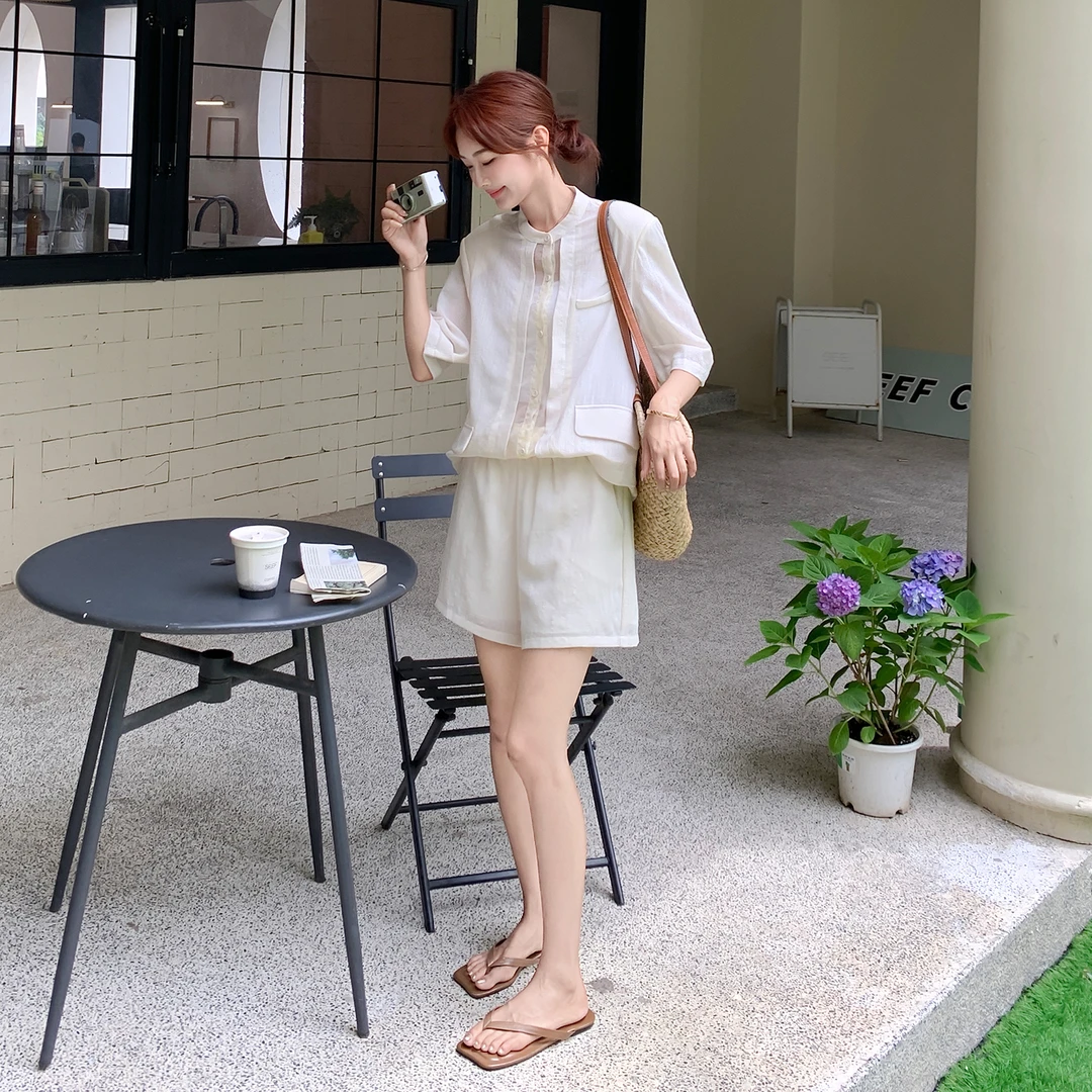 白色小众设计感衬衫套装女夏2025新款法式网纱拼接衬衣短裤两件套
